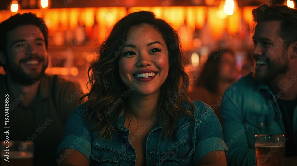 Joyful woman enjoying time with friends in a lively bar setting Joyful woman enjoying time with friends in a lively bar setting
