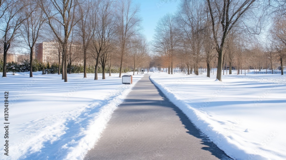 Snowy park path lined with bare trees under a bright sky Snowy park path lined with bare trees under a bright sky