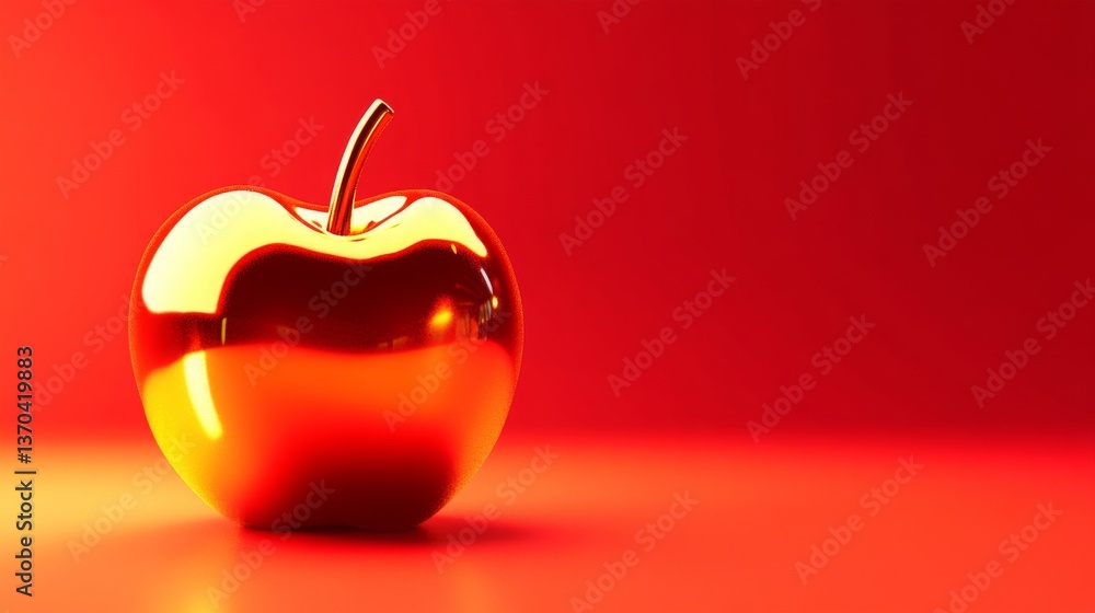 Obraz premium Shiny golden apple on vibrant red background