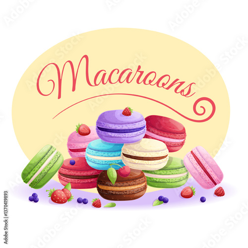 Delicious French multi-colored macaroons stacked on top of each other on a yellow background with the inscription "Macaroons". The concept of confectionery, baking, cooking. Vector illustration