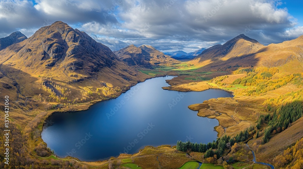 Fototapeta premium Aerial capture of Glencoes serene highland lakes, reflecting the surrounding mountain scenery