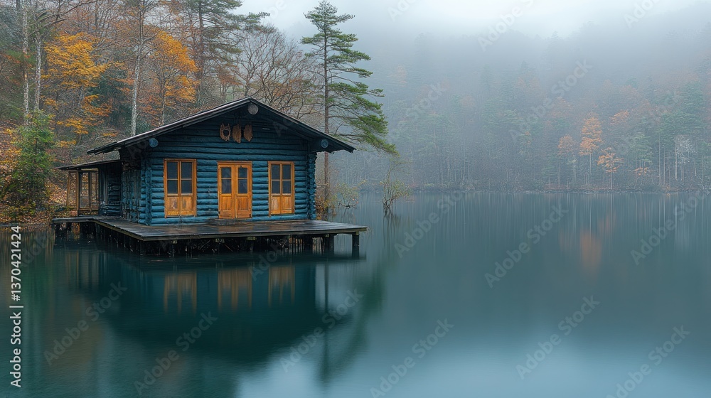 Fototapeta premium Lakeside cabin in fog