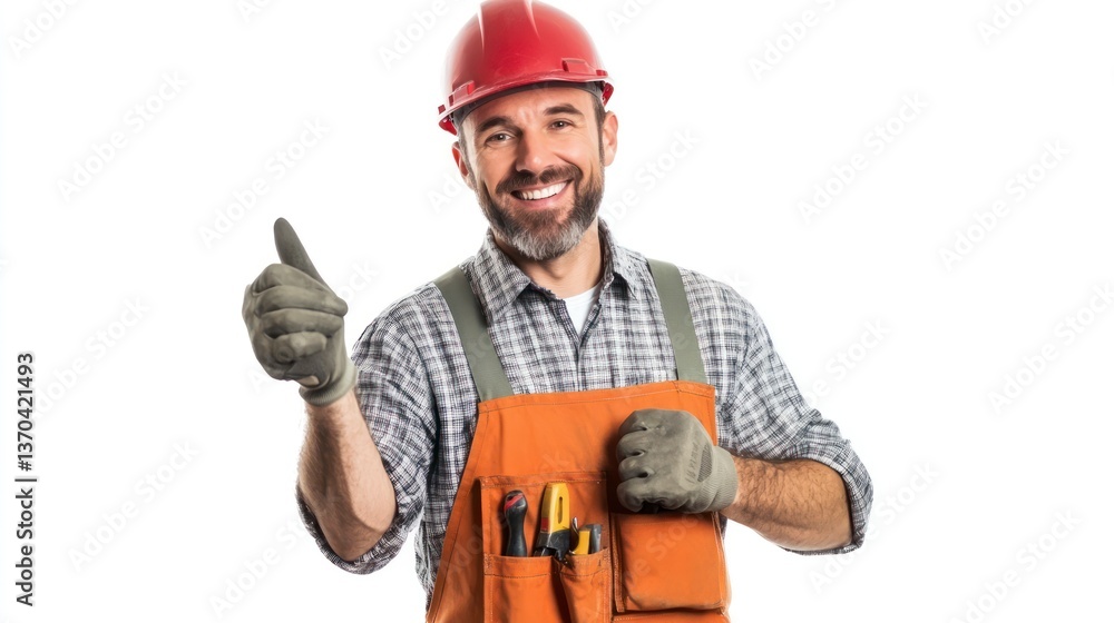 Happy Handyman Giving Thumbs Up Wearing Hardhat and Coveralls Isolated Happy Handyman Giving Thumbs Up Wearing Hardhat and Coveralls Isolated