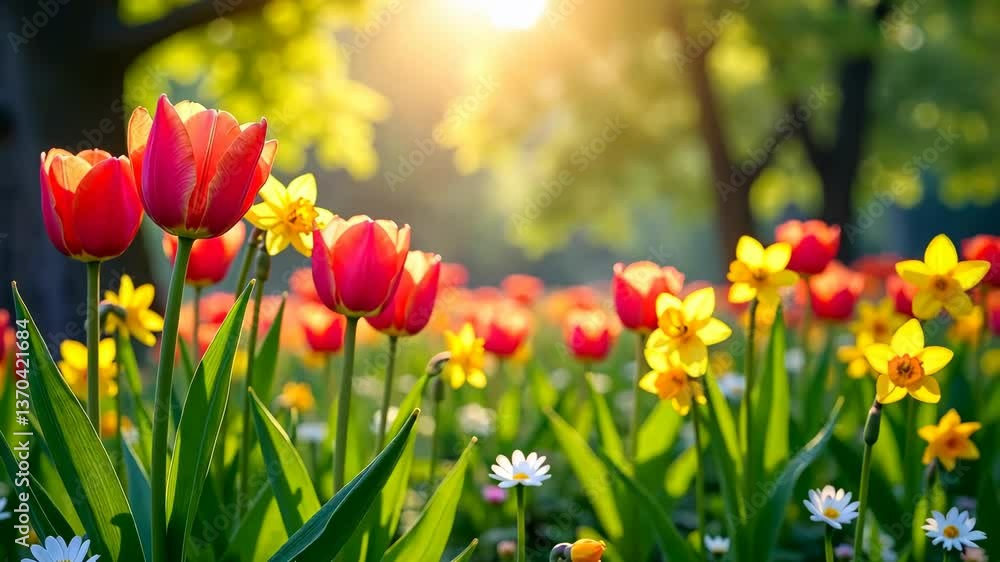 Sunrise illuminates a vibrant meadow of tulips, daffodils, and daisies Sunrise illuminates a vibrant meadow of tulips, daffodils, and daisies