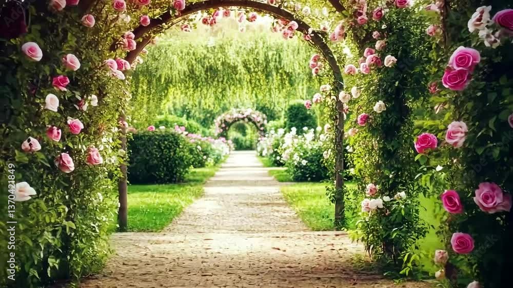 Rose archway garden path, idyllic summer wedding Rose archway garden path, idyllic summer wedding