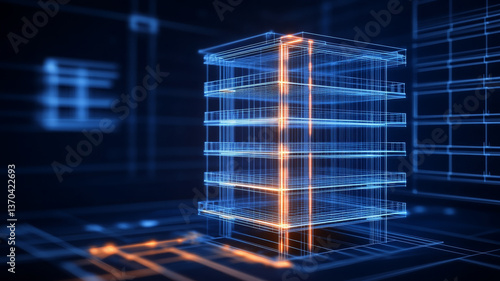 3D wireframe model of multi story building showcases intricate architectural design and modern technology, emphasizing structure and innovation