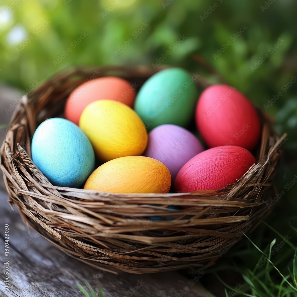 Colorful eggs in woven basket on fresh grass Colorful eggs in woven basket on fresh grass