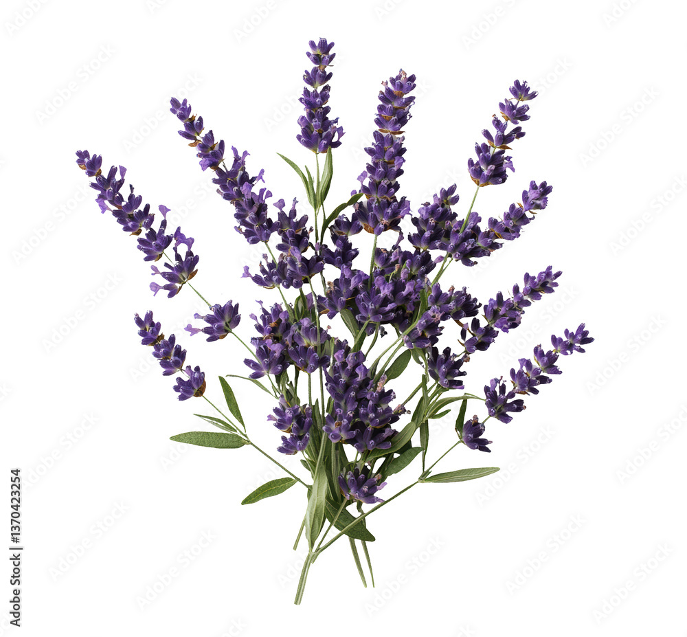 Naklejka premium bouquet of fresh lavender flowers with vibrant purple blooms and green stems, isolated on transparency background