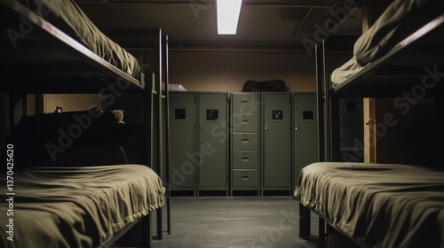 Empty military barracks room.