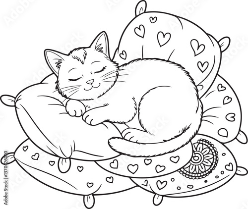 A sweet cat sleeping on a pile of pillows
