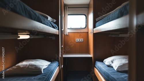 Cozy train compartment with bunk beds.