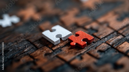 Interlocking Puzzle Pieces:  A close-up view of two puzzle pieces, one red and one white, fitting together against a backdrop of a larger, unfinished puzzle.