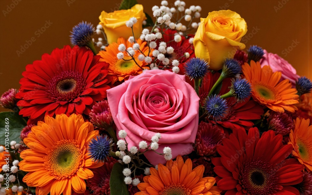Fototapeta premium Delicate and refined collection of flowers featuring pink Gerbera daisies, white roses, and pale yellow Damask roses - a heartwarming gift for a special occasion