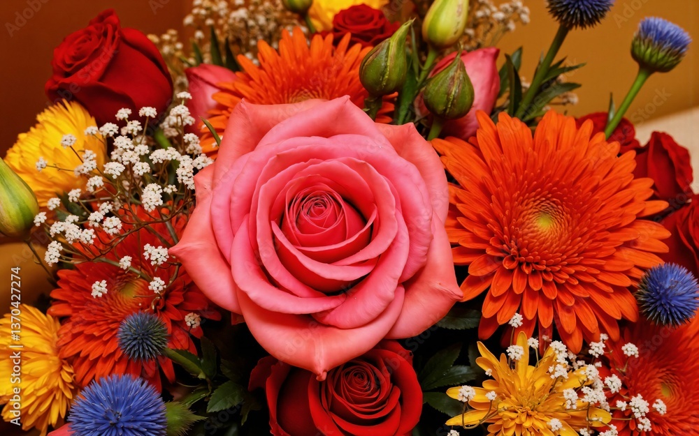 Fototapeta premium Delicate and refined collection of flowers featuring pink Gerbera daisies, white roses, and pale yellow Damask roses - a heartwarming gift for a special occasion