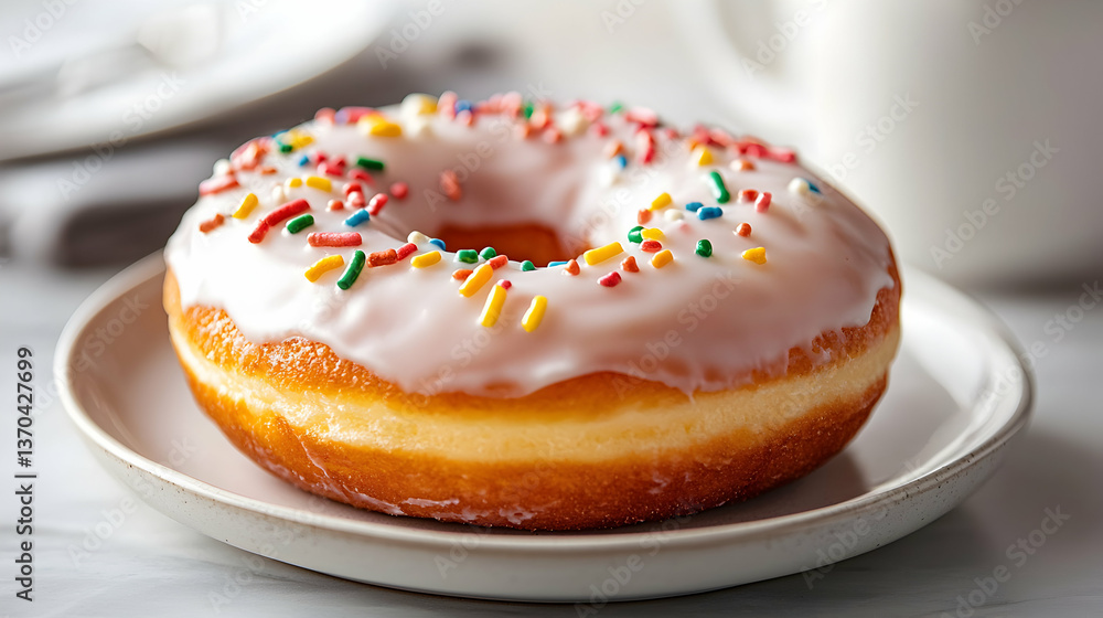 Glazed Donut with Rainbow Sprinkles on a White Plate Glazed Donut with Rainbow Sprinkles on a White Plate