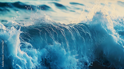 The splash of blue water of ocean waves reaches the shore. Nature background. Modern screen design. Illustration for cover, map, postcard, banner, poster, brochure or presentation.