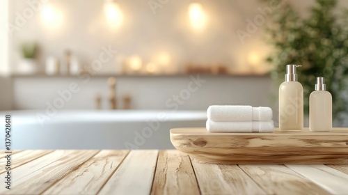 Spa Towels and Bottles on Wooden Tabletop with Bathtub in Background