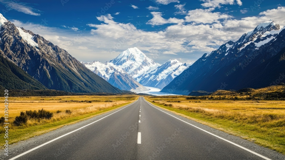 Naklejka premium A scenic drive through a valley with snow-capped mountains rising on both sides.