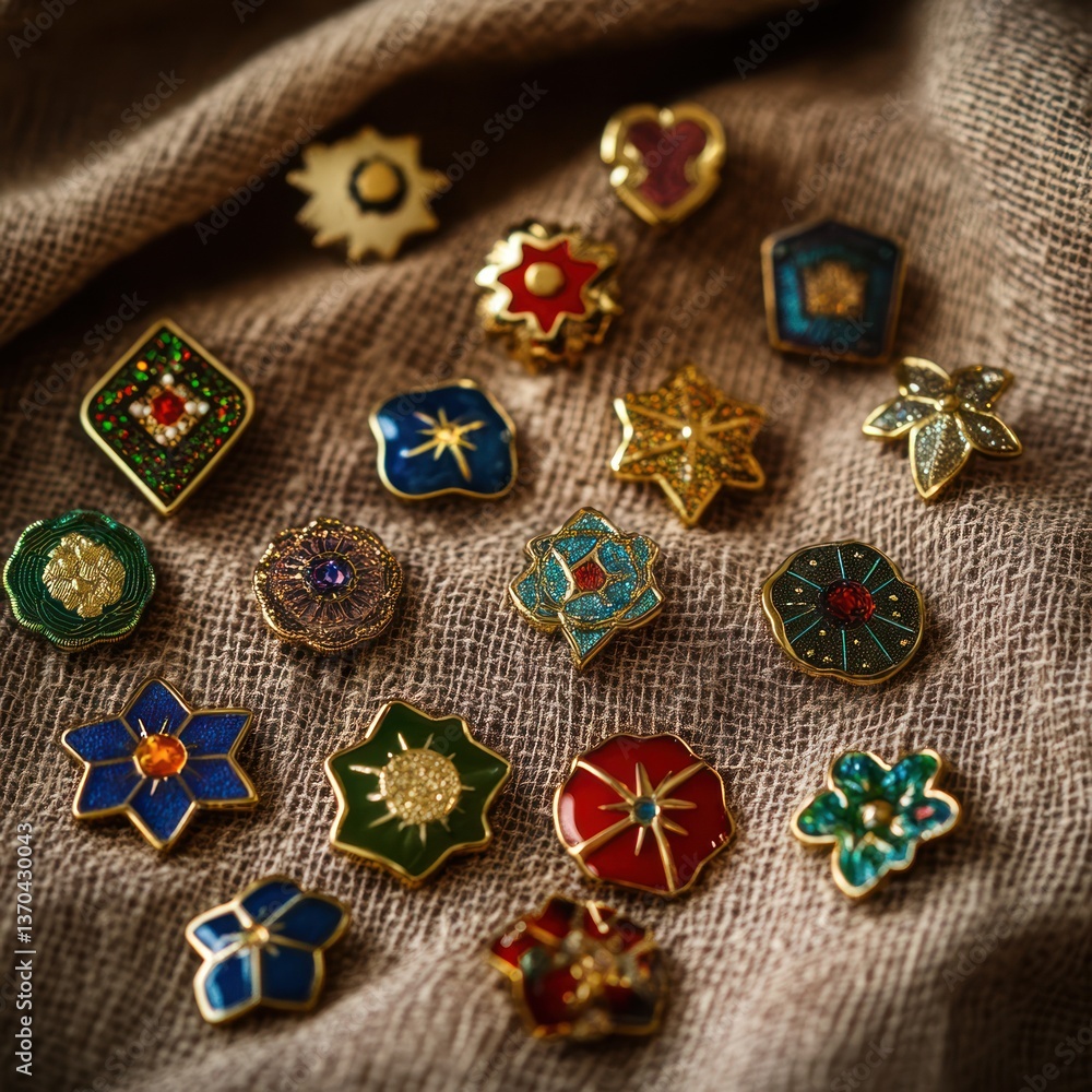 Fototapeta premium Assorted decorative enamel pins on a textured fabric background