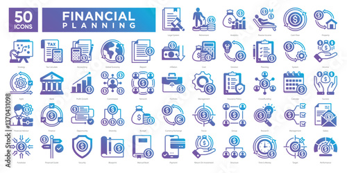 Financial planning icon collection set, including budgeting, investment, analytics, income management, and strategy. Perfect for financial reports, infographics, and business planning .