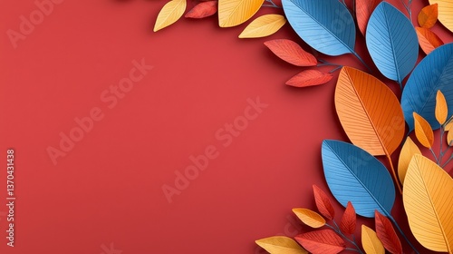 Blue Gold Red Autumn Leaves on Maroon Background