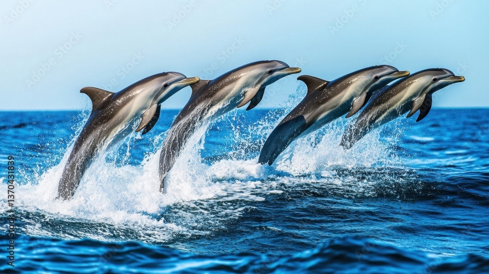 Fototapeta premium Dolphins leaping in ocean waves.