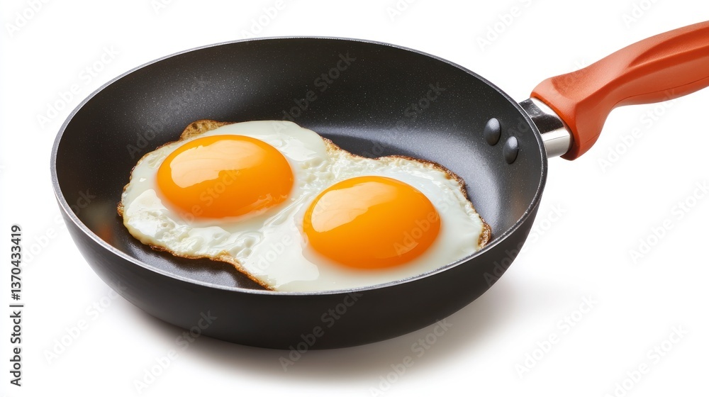 Two Fried Eggs in Frying Pan on White Background Breakfast Prep Two Fried Eggs in Frying Pan on White Background Breakfast Prep