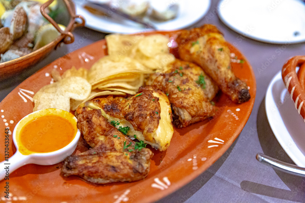 Frango Assado, Portuguese grilled chicken served with chips and spicy sauce on a decorative clay plate, showcasing bold flavors and rustic dining Frango Assado, Portuguese grilled chicken served with chips and spicy sauce on a decorative clay plate, showcasing bold flavors and rustic dining