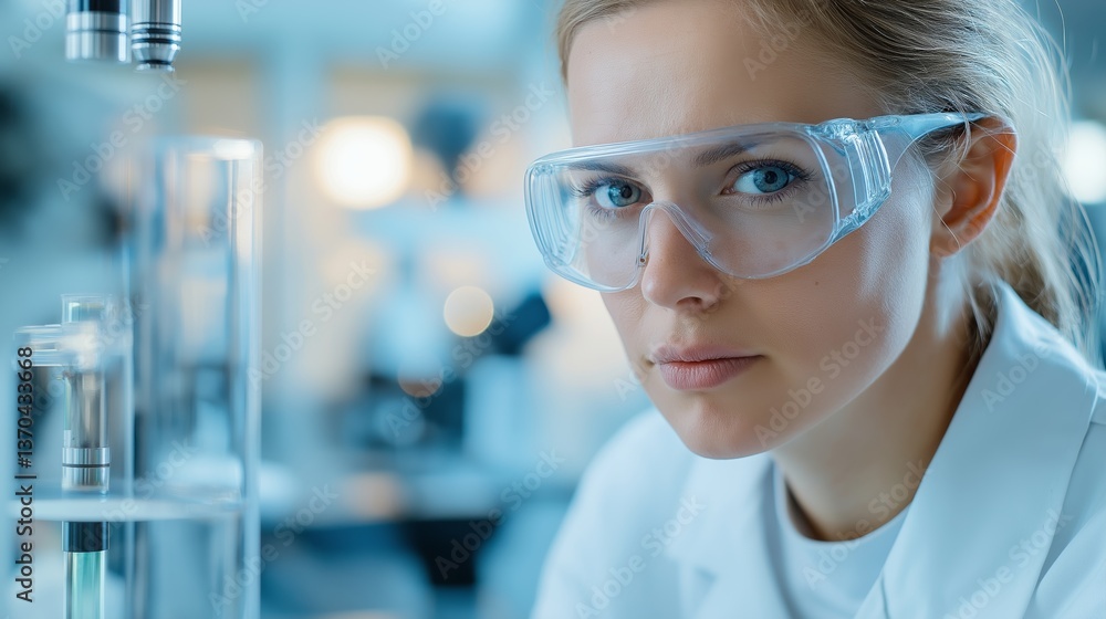 Researcher focuses intently on laser examination in laboratory environment Researcher focuses intently on laser examination in laboratory environment