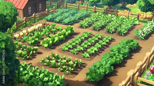 Wallpaper Mural Vibrant cartoon vegetable garden with diverse rows of crops and charming detail Torontodigital.ca