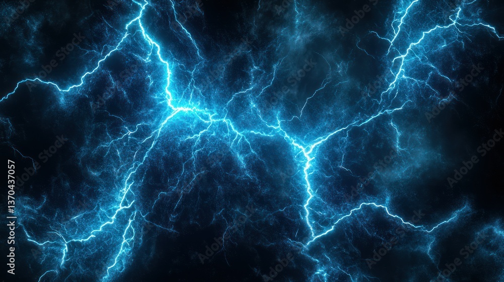 Dramatic image of blue lightning bolts piercing through dark, stormy skies. Dramatic image of blue lightning bolts piercing through dark, stormy skies.