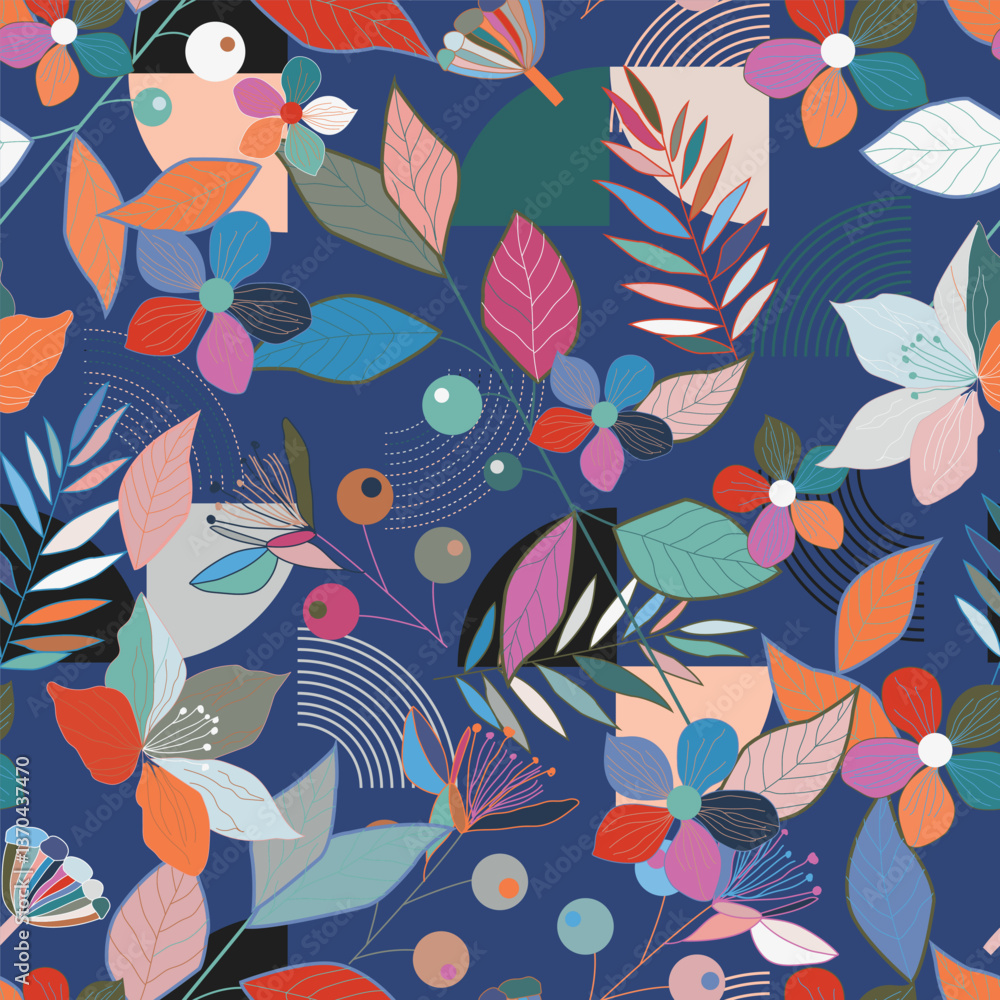 Spring flowers print. Vector seamless floral pattern. Floral design for fashion prints. Elegant template. Dark blue background. Vector illustration Spring flowers print. Vector seamless floral pattern. Floral design for fashion prints. Elegant template. Dark blue background. Vector illustration