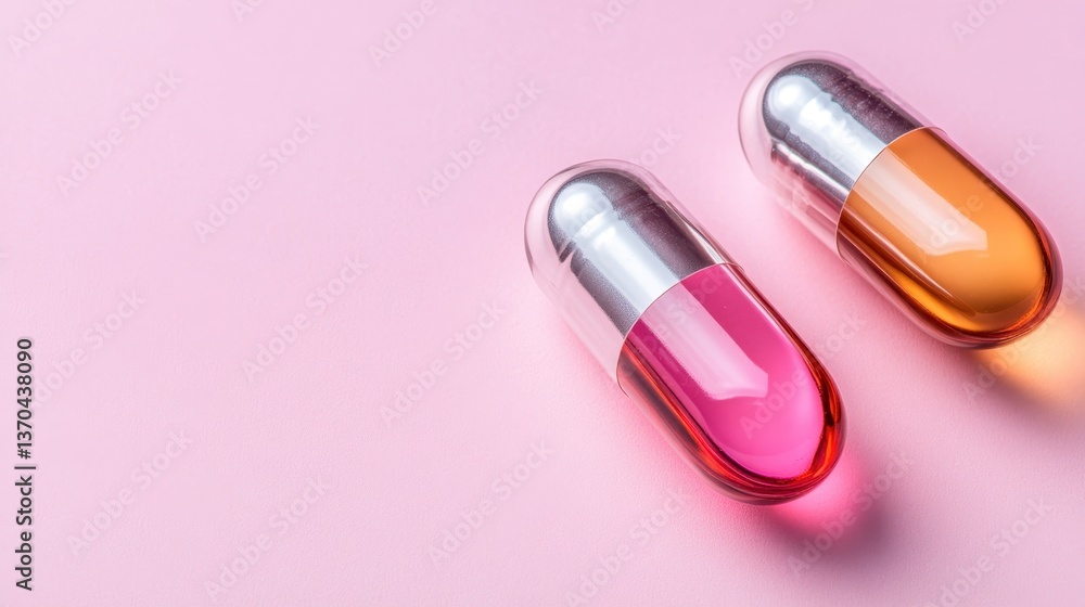 The image features two jelly-like capsules in pink and orange colors, emphasizing their modern design against a soft pink surface, highlighting the aesthetics of health. The image features two jelly-like capsules in pink and orange colors, emphasizing their modern design against a soft pink surface, highlighting the aesthetics of health.