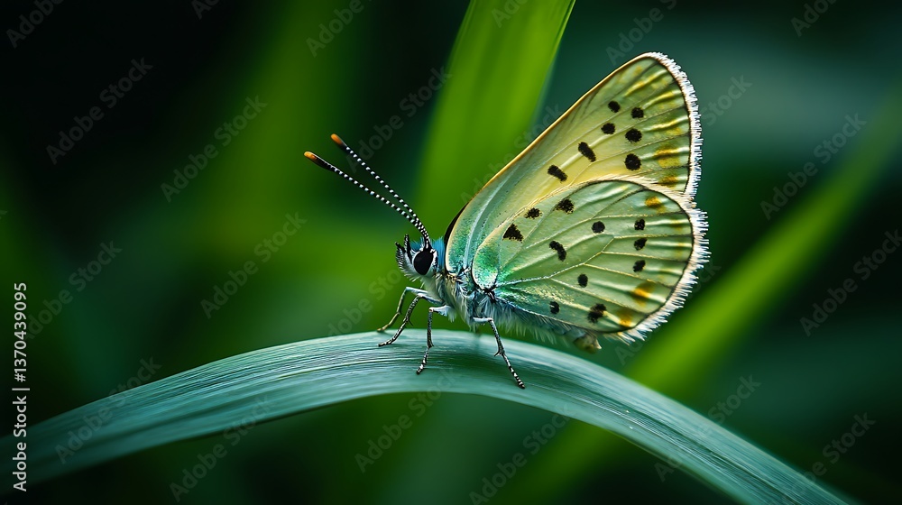 Obraz premium Tiny Butterfly with Iridescent Green Wings Resting on a Blade of Grass, Captured in Sharp Focus
