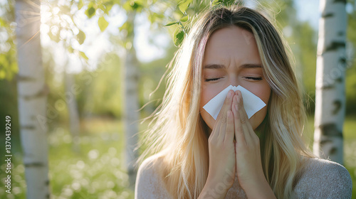 A woman stands among birch trees in a sunlit forest, visibly distressed as she blows her nose, suffering from allergies typical of spring. Pollen fills the air, highlighting health concerns