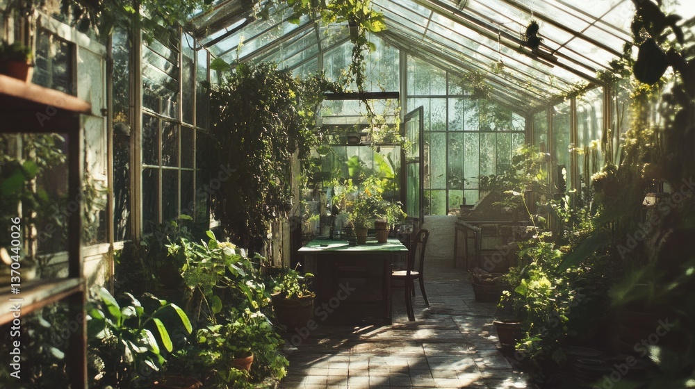 Fototapeta premium Idyllic Greenhouse Interior with Lush Plants and Tranquil Natural Lighting Ambiance