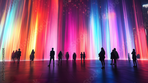 Silhouettes of business people walking in a Abstract Rainbow Background creating a dynamic atmosphere of movement.