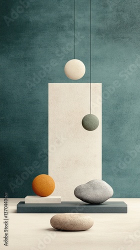 Minimalist scene with smooth stones and geometric shapes