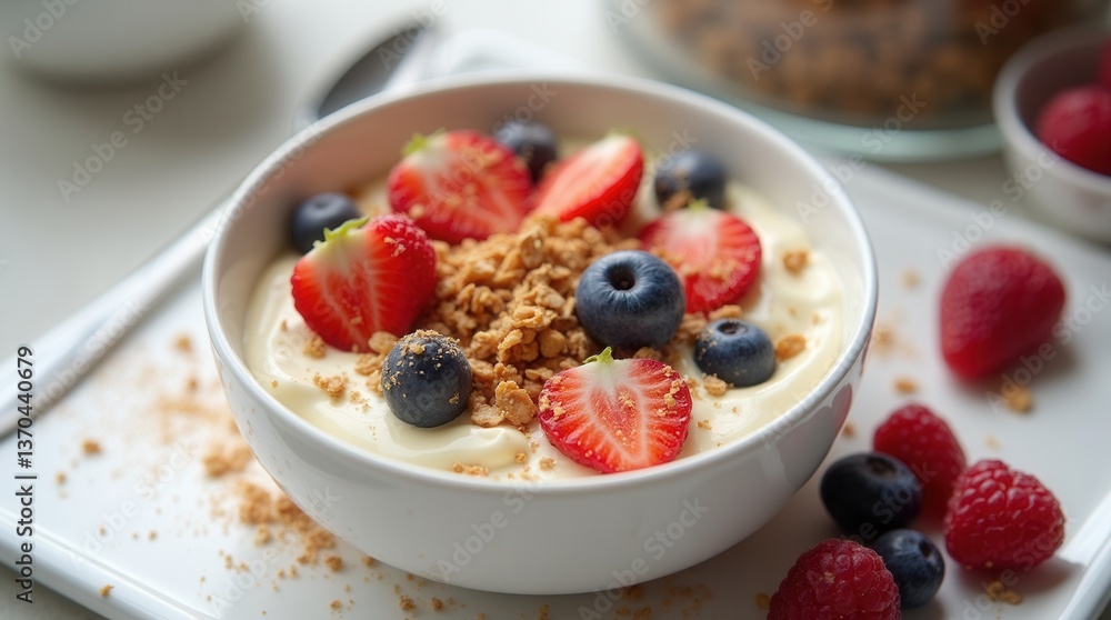 Fresh healthy breakfast yogurt with berries and granola on kitchen table Fresh healthy breakfast yogurt with berries and granola on kitchen table
