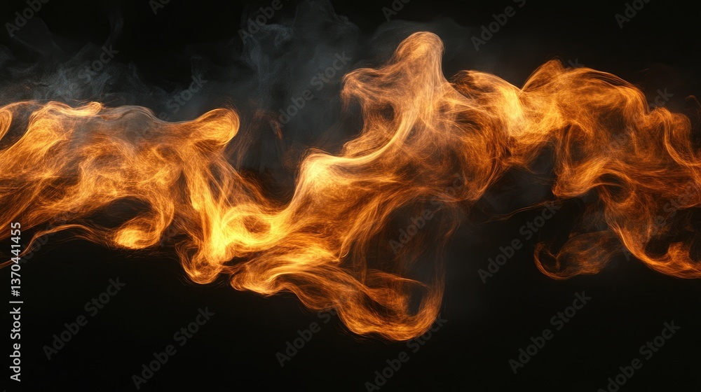 Captivating Flow of Orange and Gold Flames with Wisps of Smoke on a Dark Background Captivating Flow of Orange and Gold Flames with Wisps of Smoke on a Dark Background