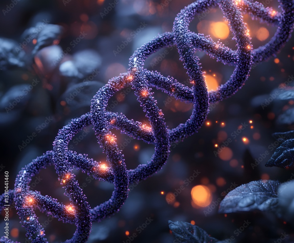 Fototapeta premium DNA helix: A captivating close-up of a DNA helix, rendered with meticulous detail and luminous colors. The spiraling structure pulses with energy, representing the essence of life.