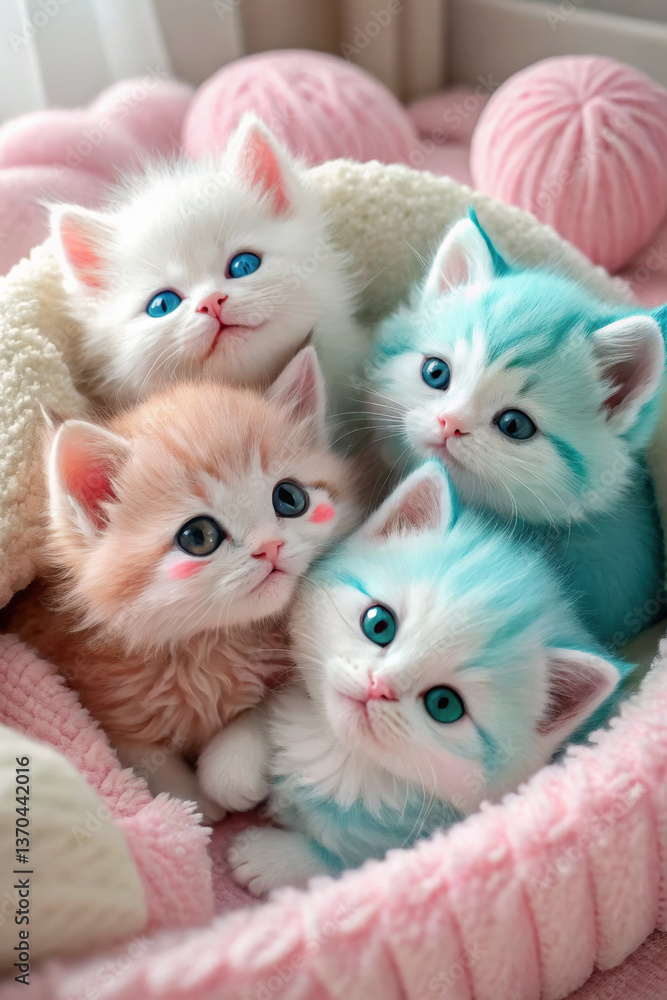 Adorable kawaii cats with unique designs, featuring fluffy fur and bright blue eyes, snuggled together in cozy basket, radiating cuteness Adorable kawaii cats with unique designs, featuring fluffy fur and bright blue eyes, snuggled together in cozy basket, radiating cuteness
