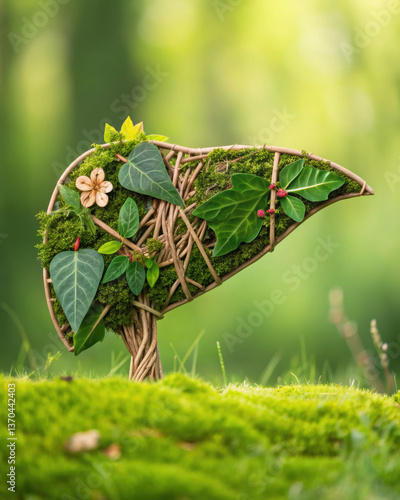 creative representation of liver made from green leaves and natural materials, symbolizing health and nature beauty