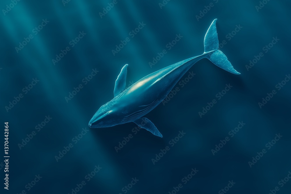 Fototapeta premium Aerial View of Majestic Blue Whale Surfacing in Turquoise and Deep Navy Ocean, Sunlight on Glistening Skin, Whale Shadow on Ocean Floor, Marine Wildlife, Underwater Nature, Ocean Conservation, Sea
