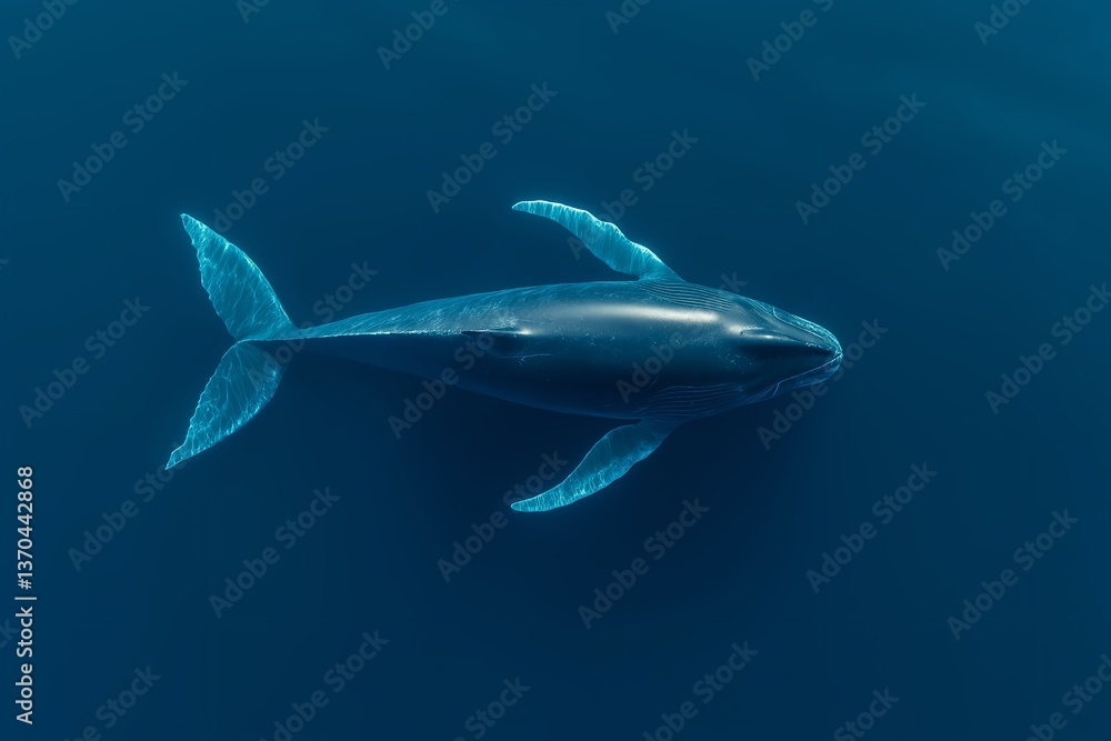 Naklejka premium Aerial View of Majestic Blue Whale Surfacing in Turquoise and Deep Navy Ocean, Sunlight on Glistening Skin, Whale Shadow on Ocean Floor, Marine Wildlife, Underwater Nature, Ocean Conservation, Sea