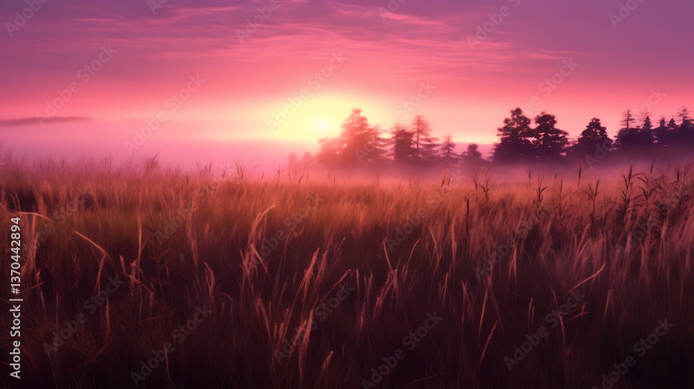 Pink Sunrise Over Misty Field And Trees Pink Sunrise Over Misty Field And Trees