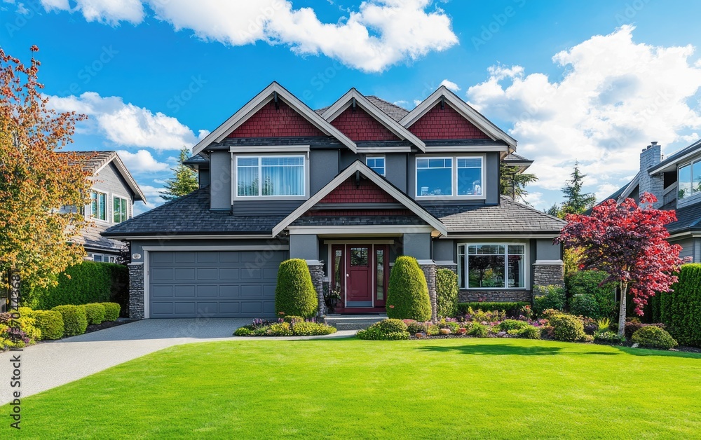 Obraz premium A beautiful suburban home with a perfectly manicured lawn and landscaping