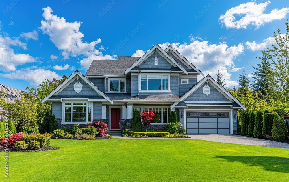 A beautiful suburban home with a perfectly manicured lawn and landscaping A beautiful suburban home with a perfectly manicured lawn and landscaping