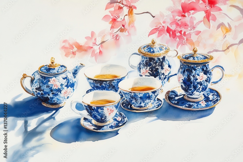 Fototapeta premium Tranquil Tea Ceremony Blue Porcelain Blossoms.