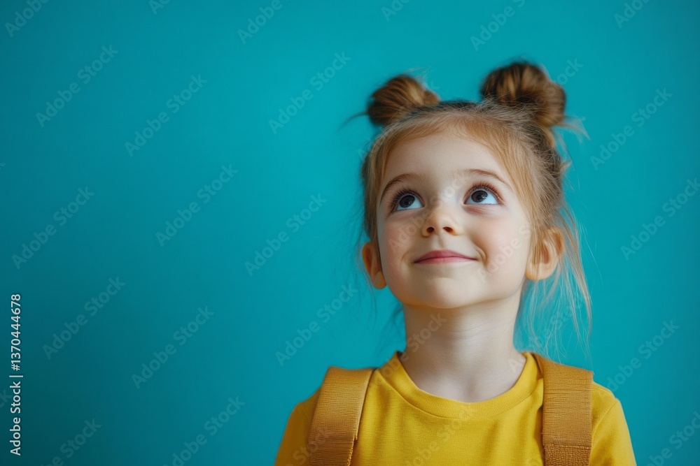 Young child with playful hairstyle enjoys a moment of curiosity indoors against a vibrant blue background